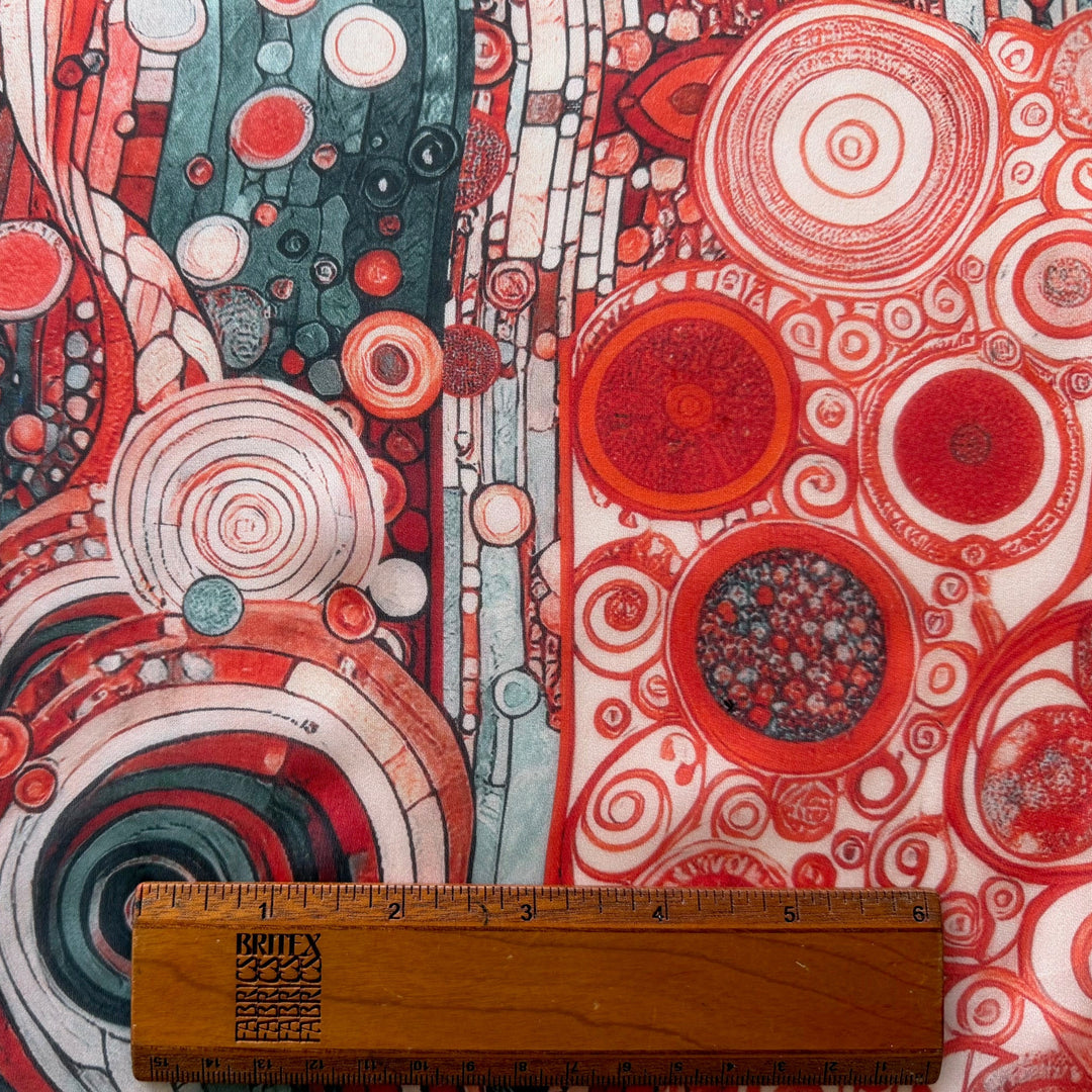 Hundertwasser-Inspired Vermilion Swirl Silk Chiffon (Made in Italy)
