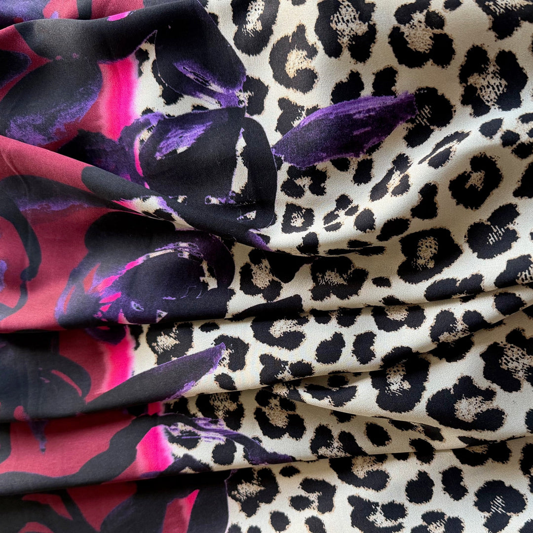 63" Panel - Colb Designer Fuchsia & Grape Bordered Leopard Rosettes Stretch Silk Satin Charmeuse (Made in Italy)