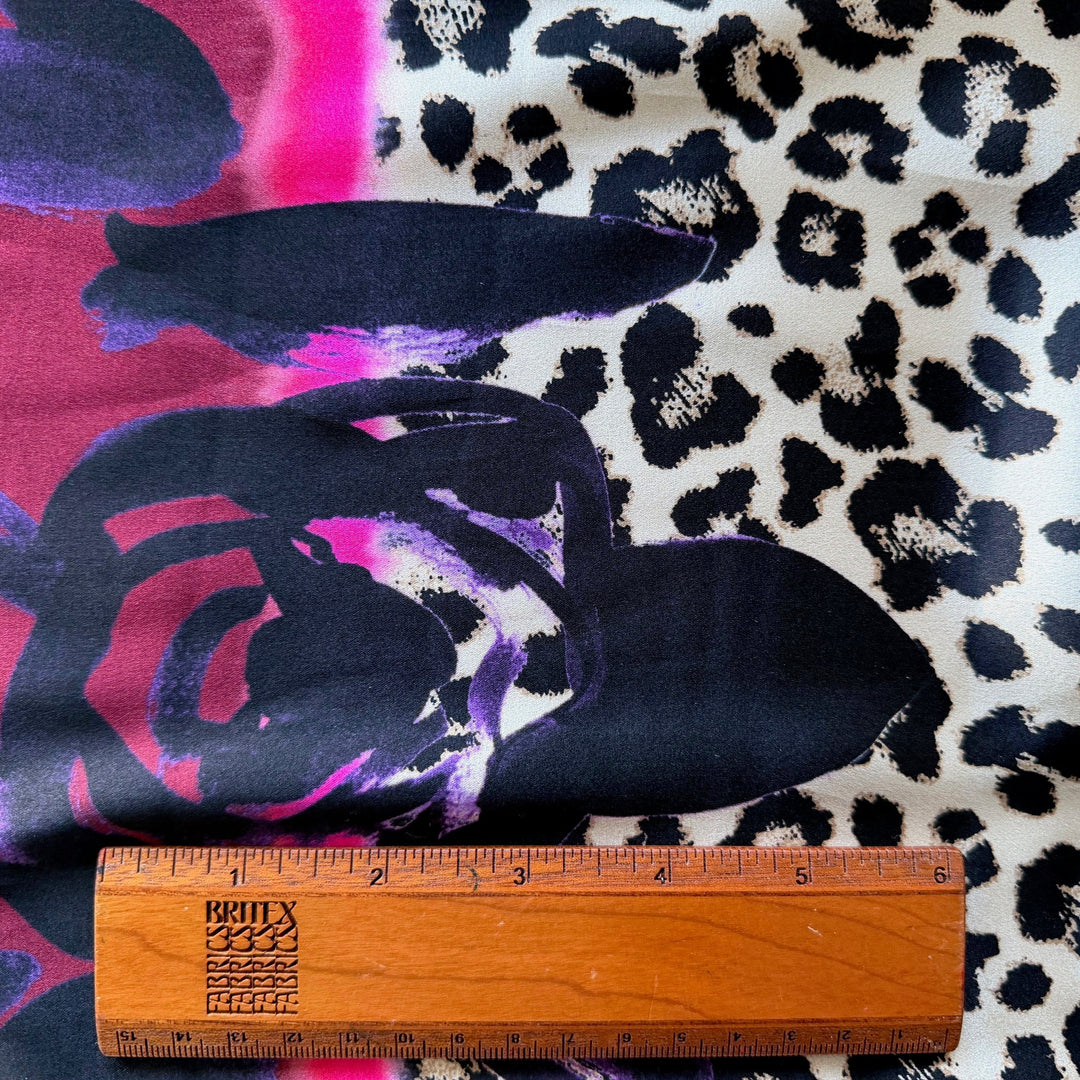 63" Panel - Colb Designer Fuchsia & Grape Bordered Leopard Rosettes Stretch Silk Satin Charmeuse (Made in Italy)