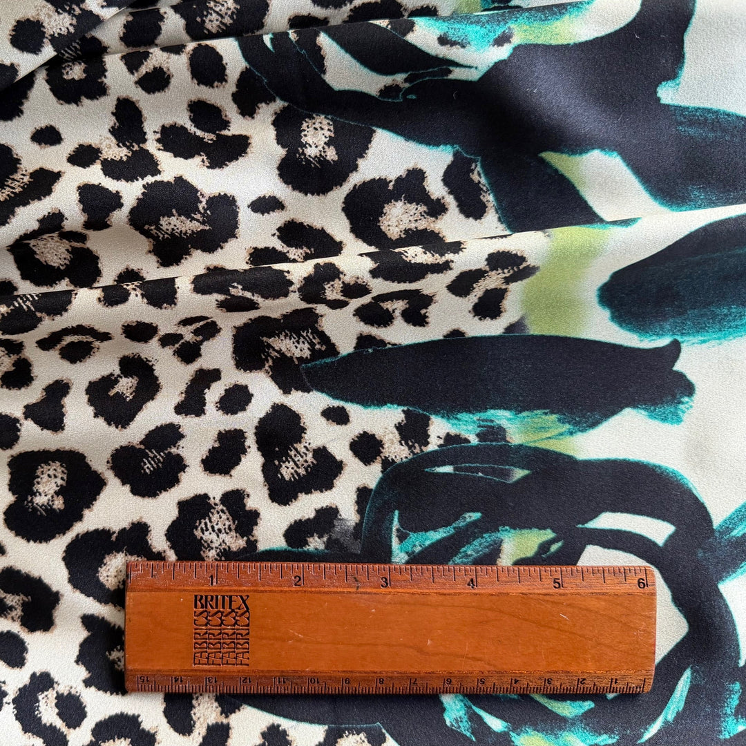 63" Panel - Colb Designer Kiwi & Persian Turquoise Bordered Leopard Rosettes Stretch Silk Satin Charmeuse (Made in Italy)