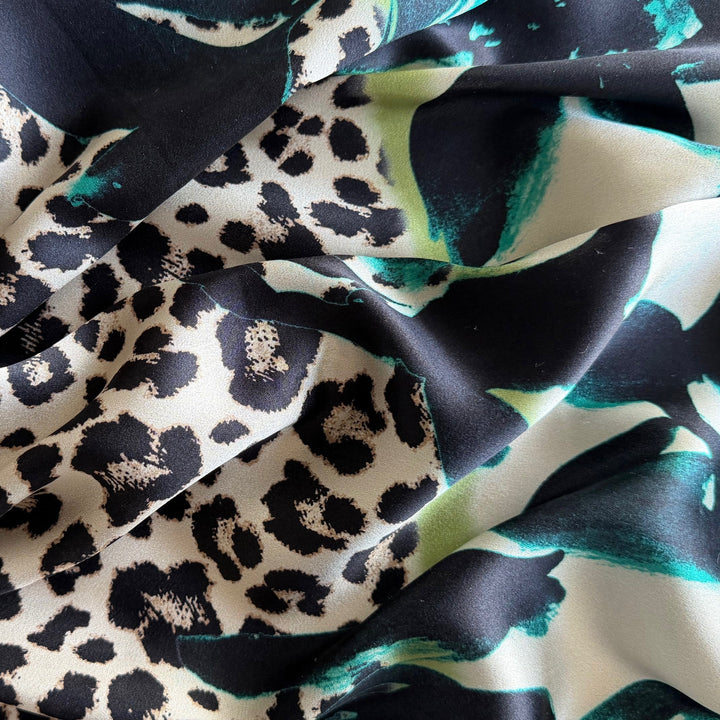 63" Panel - Colb Designer Kiwi & Persian Turquoise Bordered Leopard Rosettes Stretch Silk Satin Charmeuse (Made in Italy)