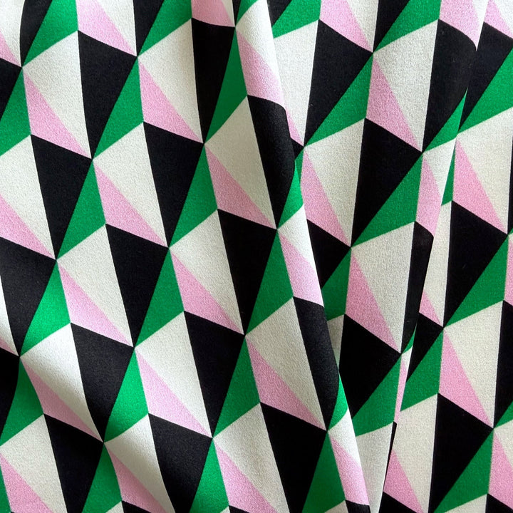Handsome Blush & Emerald Triangle Frenzy Stretch Silk Satin Charmeuse (Made in Italy)