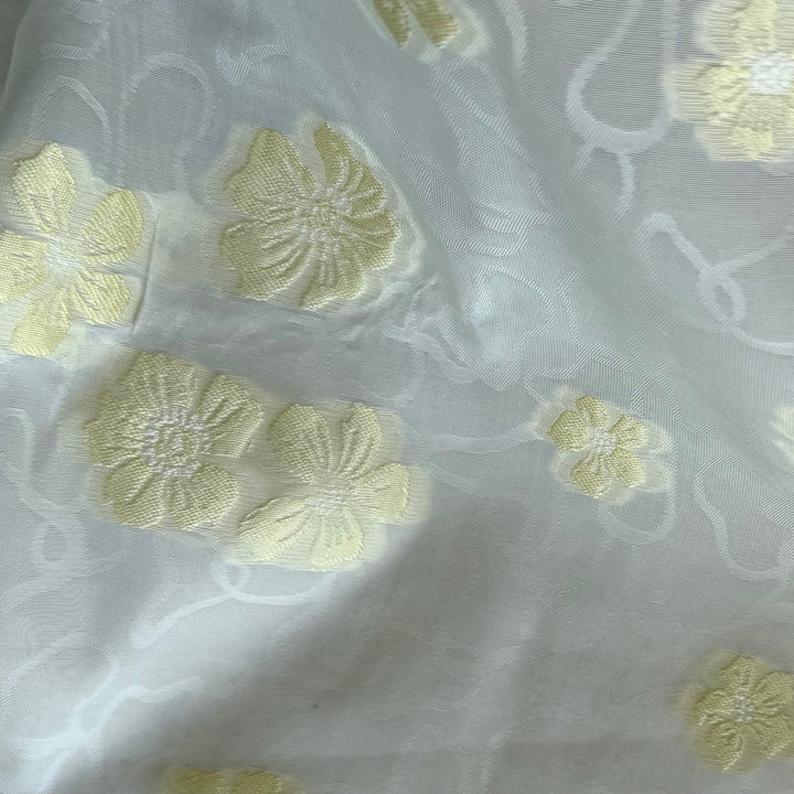 Embroidered Floating Yellow Mist Flowers Polyester Jacquard Organza