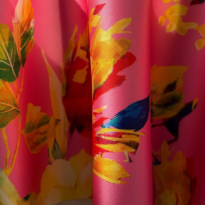 Lush Spring Garden on Hot Pink Crisp Polyester Mikado Twill