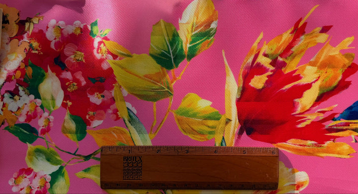 Lush Spring Garden on Hot Pink Crisp Polyester Mikado Twill