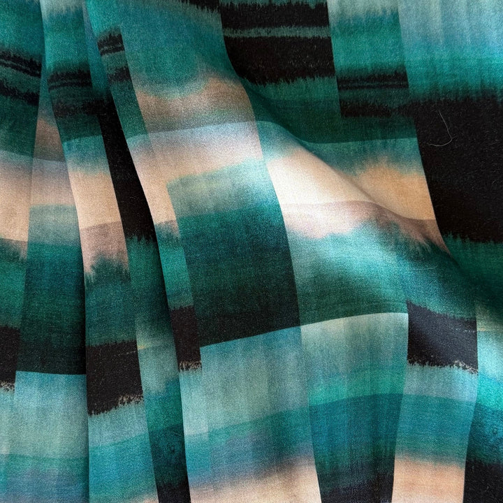 Ombré Teal Checks Rayon Viscose Challis (Made in Italy)