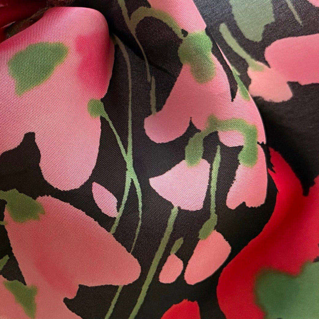 Semi-Sheer Pink & Red Poppies Silk Mikado (Made in Italy)