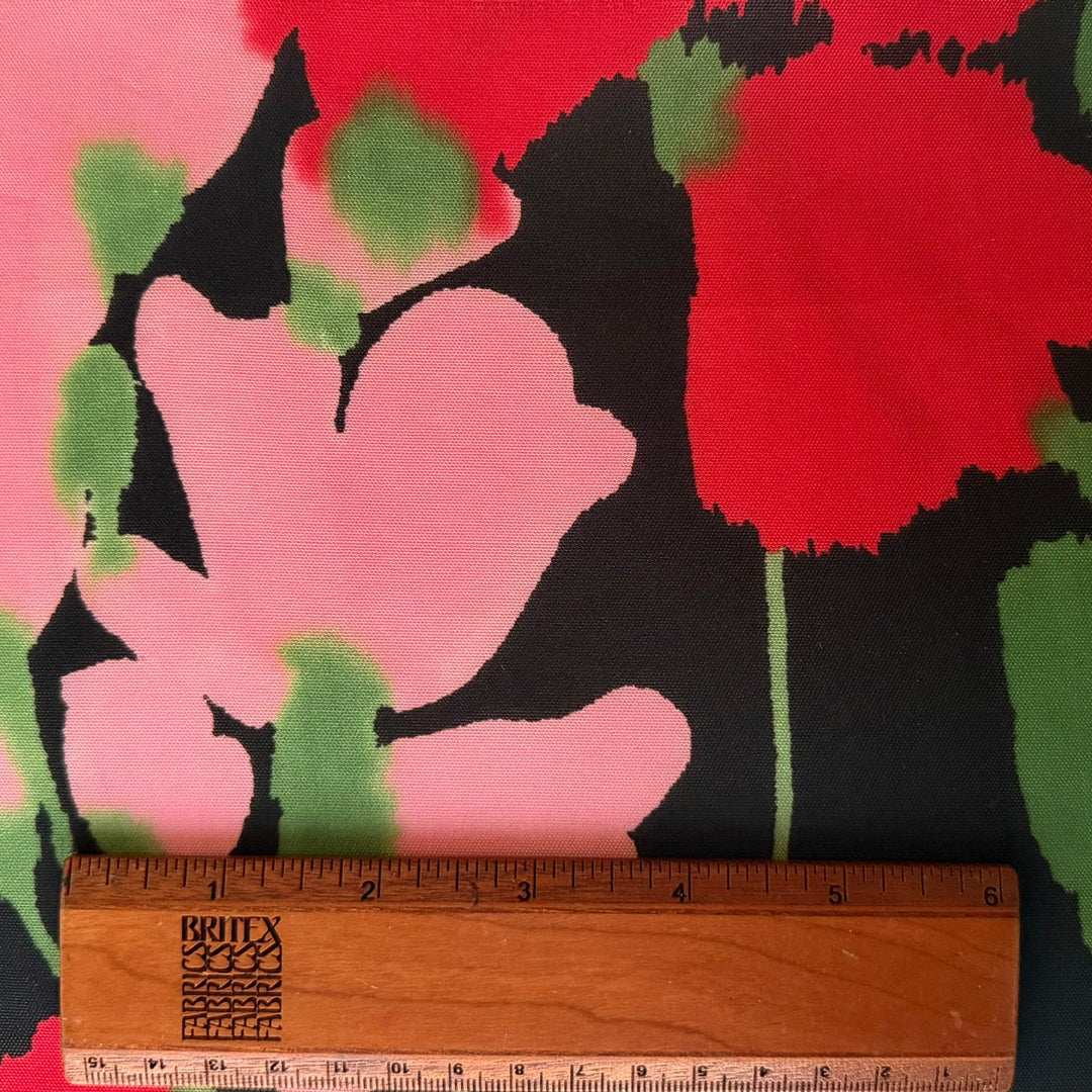 Semi-Sheer Pink & Red Poppies Silk Mikado (Made in Italy)