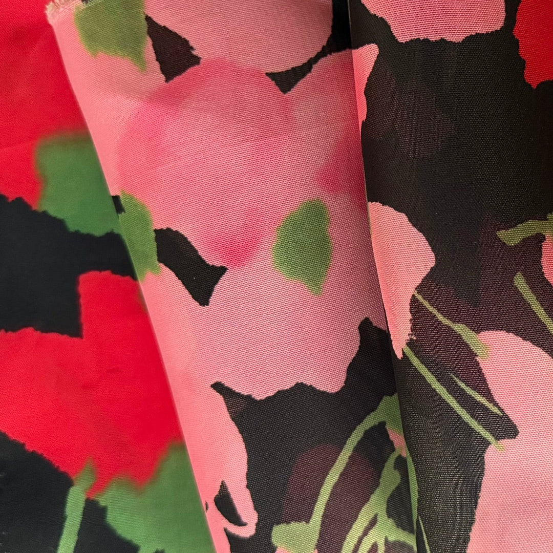 Semi-Sheer Pink & Red Poppies Silk Mikado (Made in Italy)