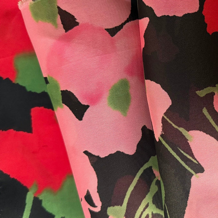 Semi-Sheer Pink & Red Poppies Silk Mikado (Made in Italy)
