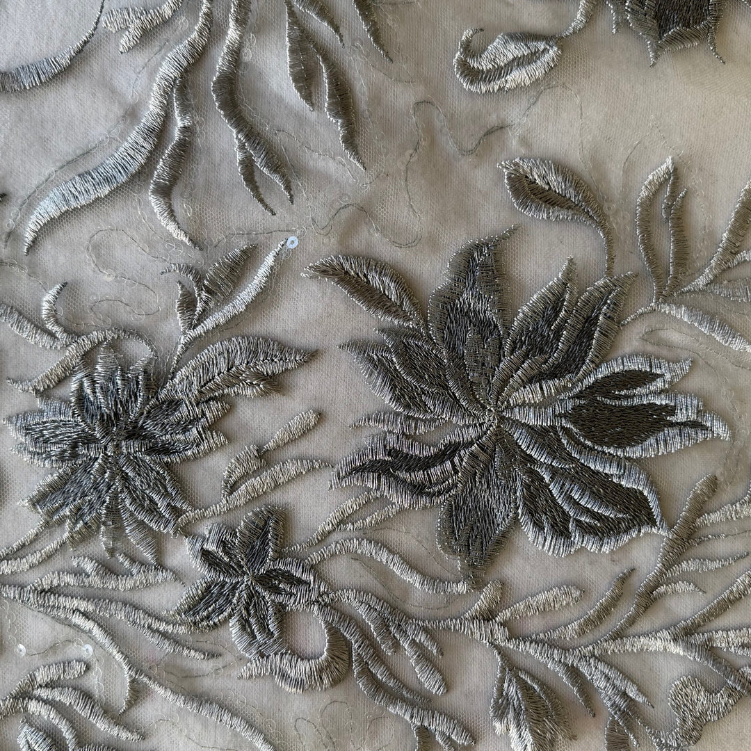 Delicate Embroidered Silver Chrysanthemums on Nylon Blend Tulle