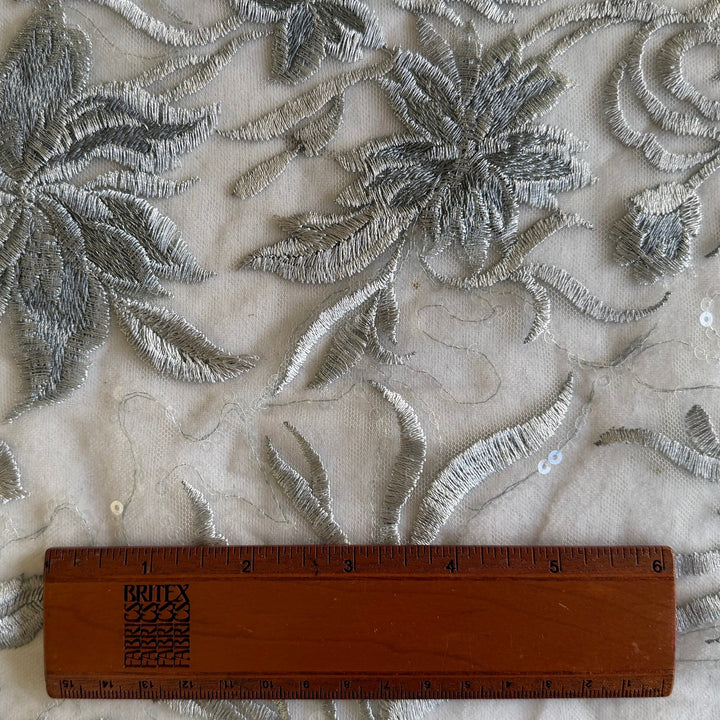 Delicate Embroidered Silver Chrysanthemums on Nylon Blend Tulle