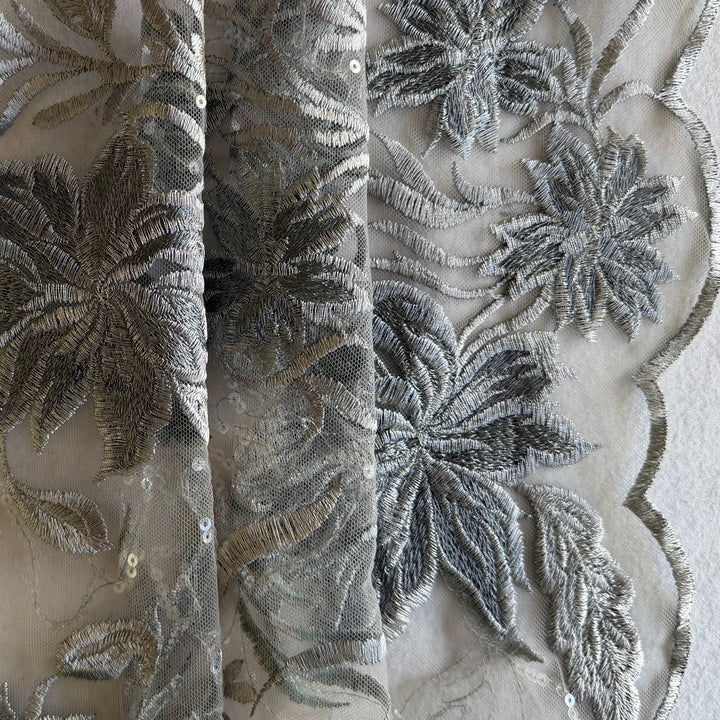 Delicate Embroidered Silver Chrysanthemums on Nylon Blend Tulle