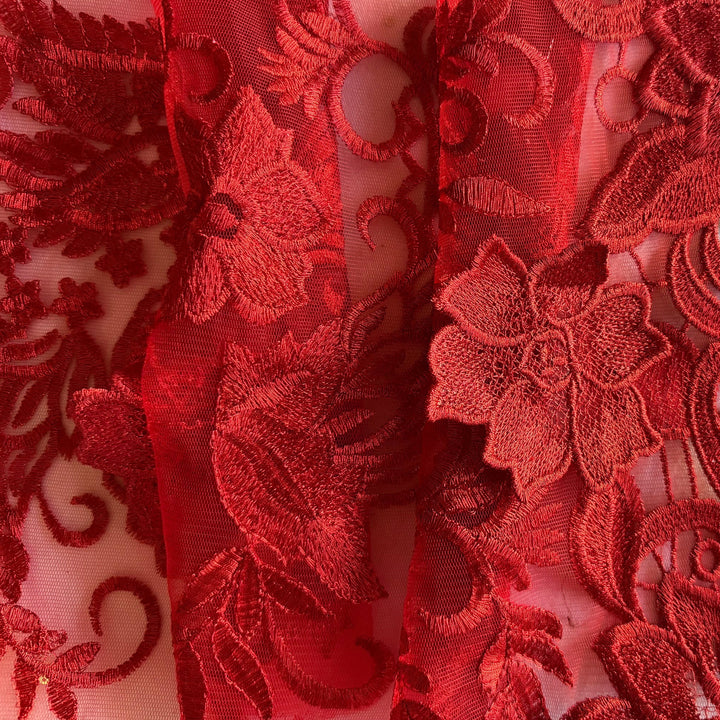 Embroidered Scarlet 3-Dimensional Flowers on Polyester Tulle