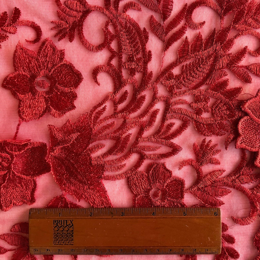 Embroidered Scarlet 3-Dimensional Flowers on Polyester Tulle