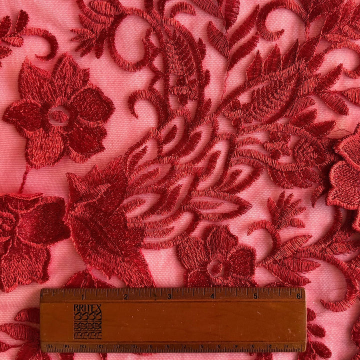 Embroidered Scarlet 3-Dimensional Flowers on Polyester Tulle