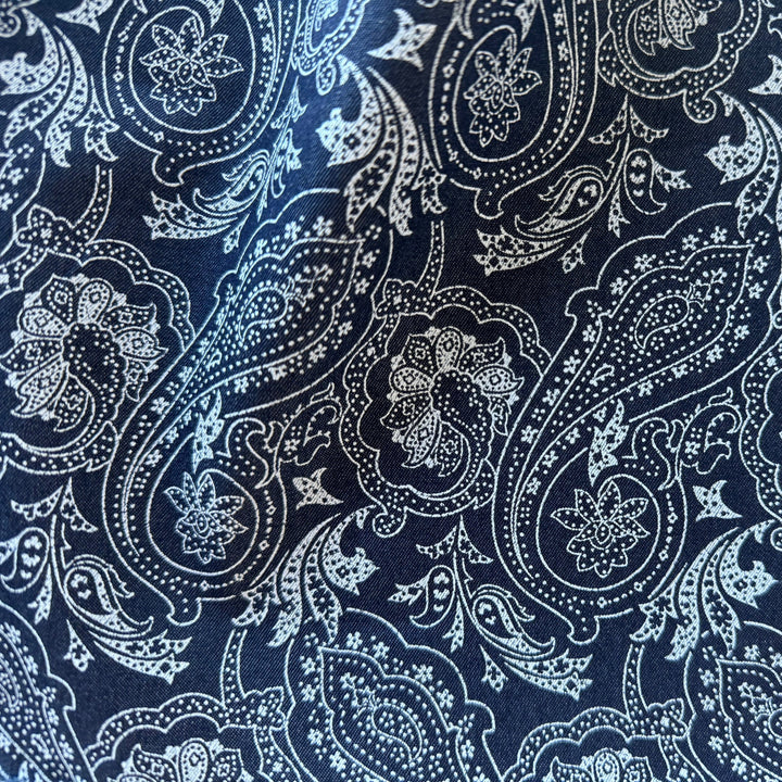 10 oz Paisley White & Navy Cotton Denim Twill (Made in Italy)