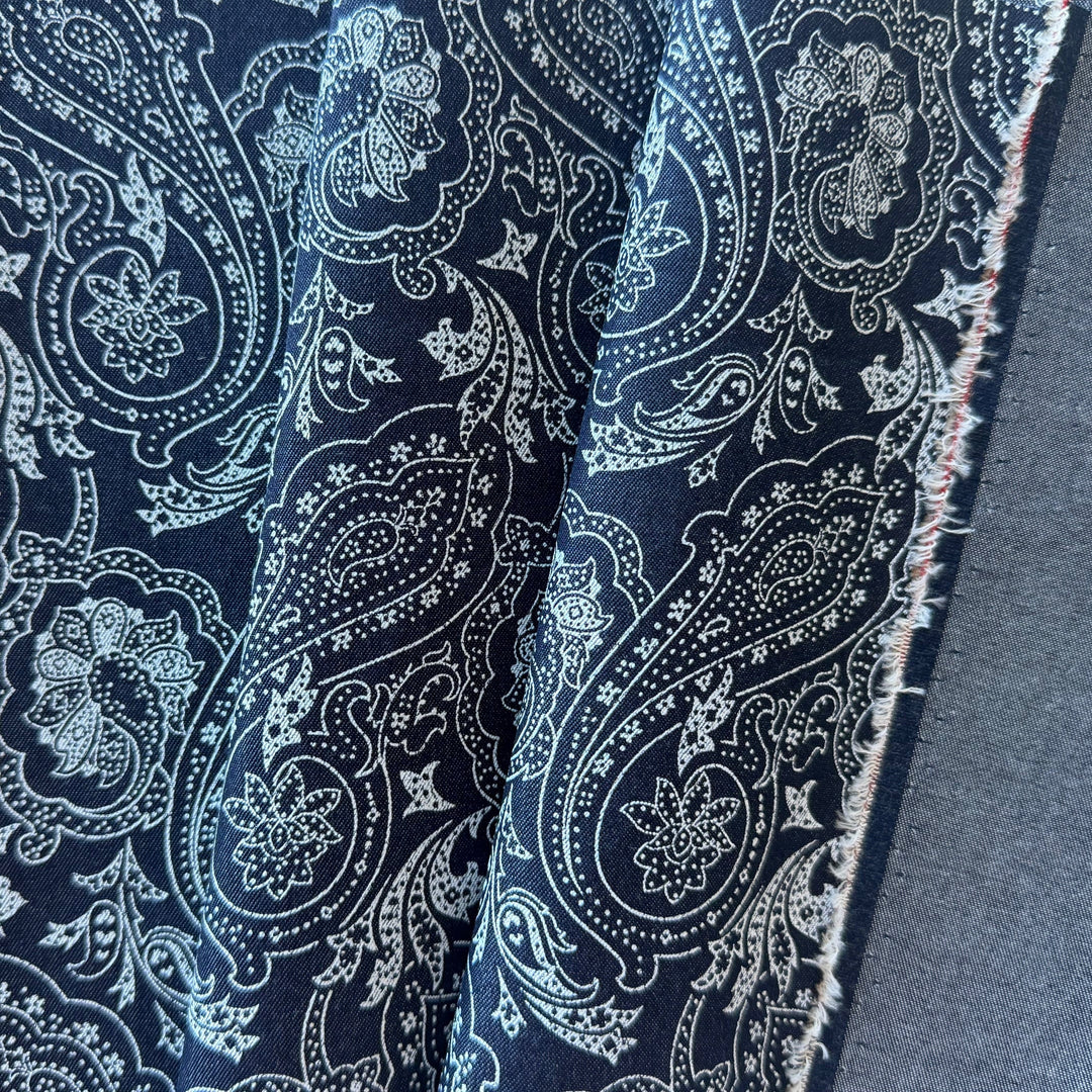 10 oz Paisley White & Navy Cotton Denim Twill (Made in Italy)
