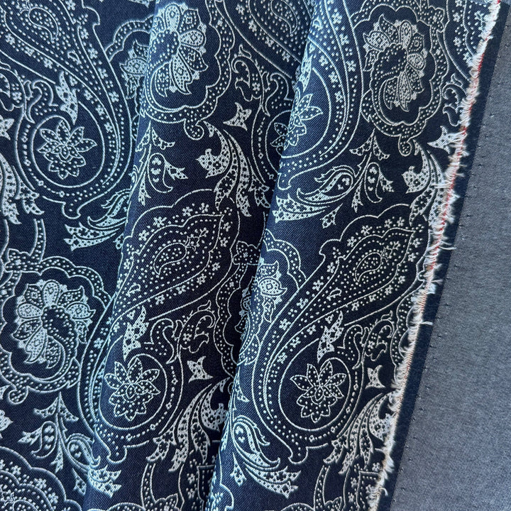 10 oz Paisley White & Navy Cotton Denim Twill (Made in Italy)