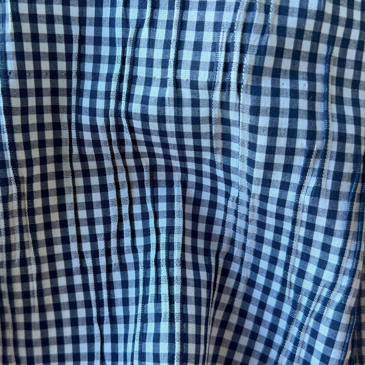 Lighter-Weight Irregularly Pleated Navy & White Gingham Stretch Cotton (Made in Italy)