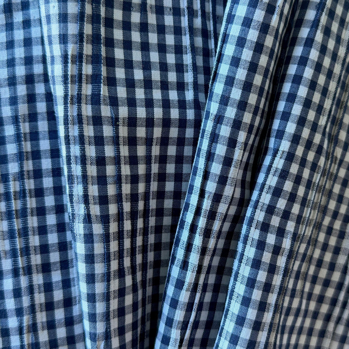 Lighter-Weight Irregularly Pleated Navy & White Gingham Stretch Cotton (Made in Italy)