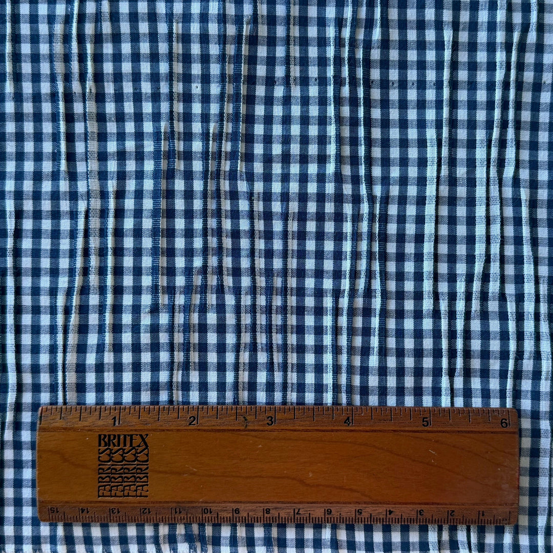 Lighter-Weight Irregularly Pleated Navy & White Gingham Stretch Cotton (Made in Italy)