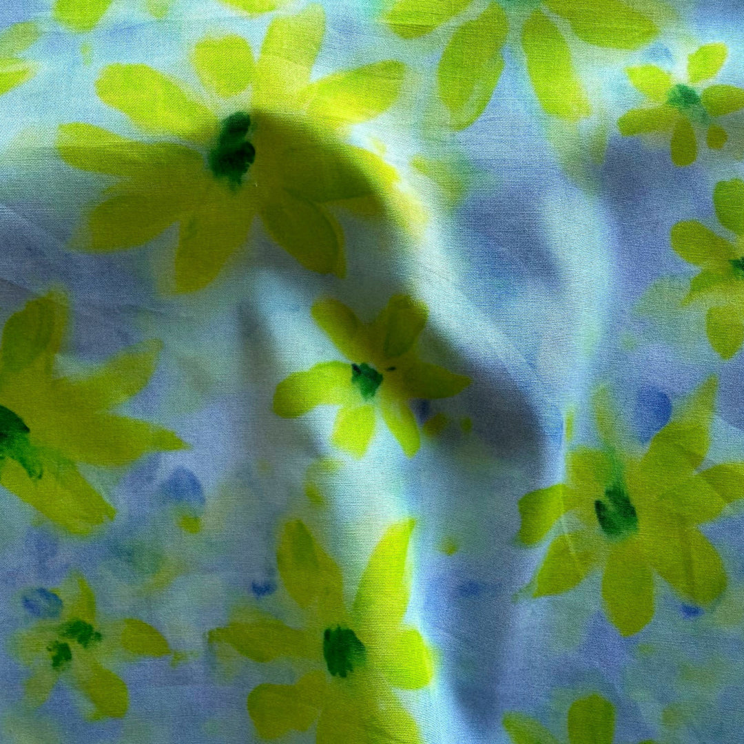 Acid Green Daisies on Sky Blue Crisp Cotton Poplin (Made in Italy)