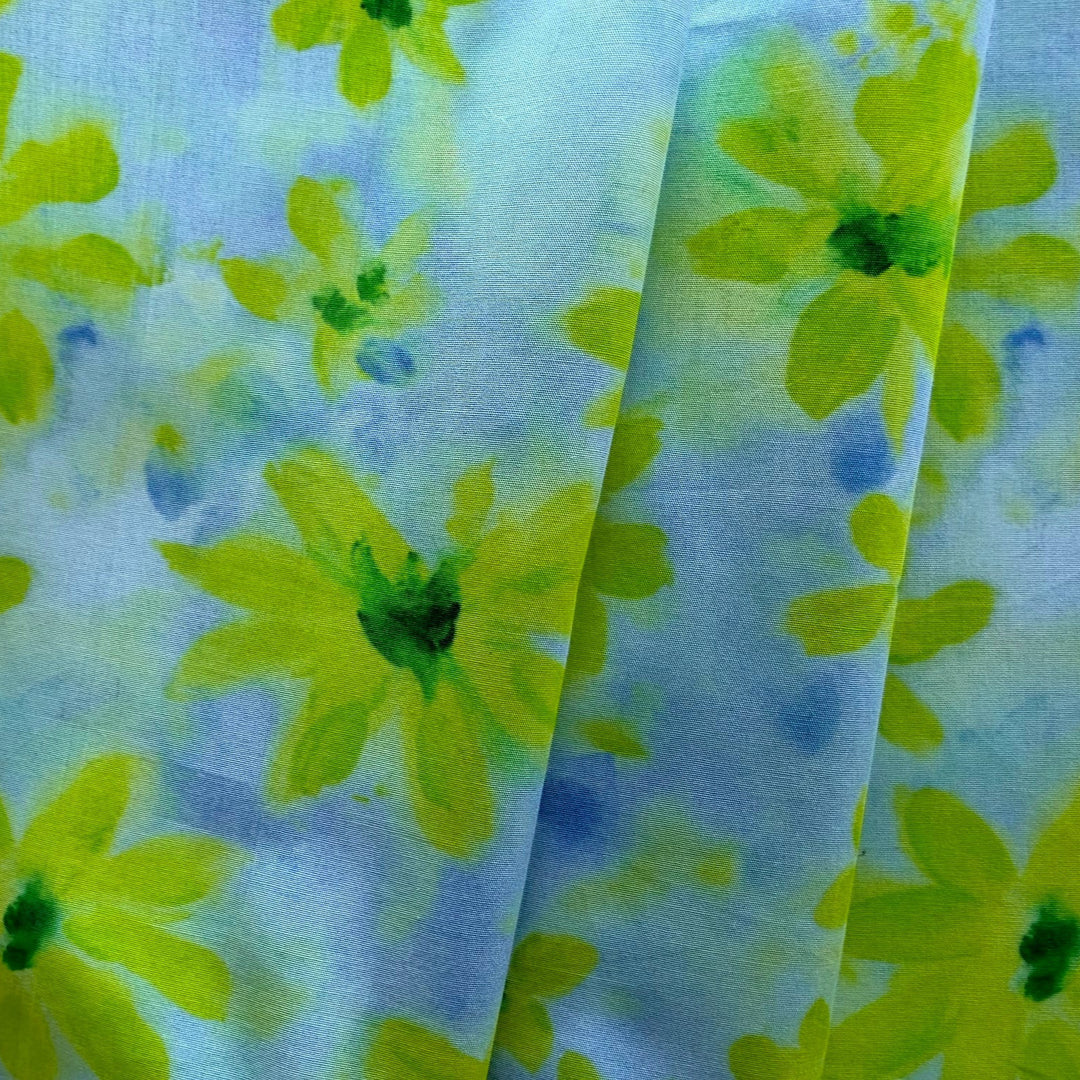 Acid Green Daisies on Sky Blue Crisp Cotton Poplin (Made in Italy)