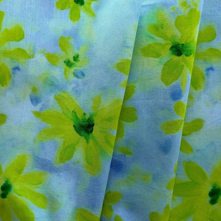 Acid Green Daisies on Sky Blue Crisp Cotton Poplin (Made in Italy)
