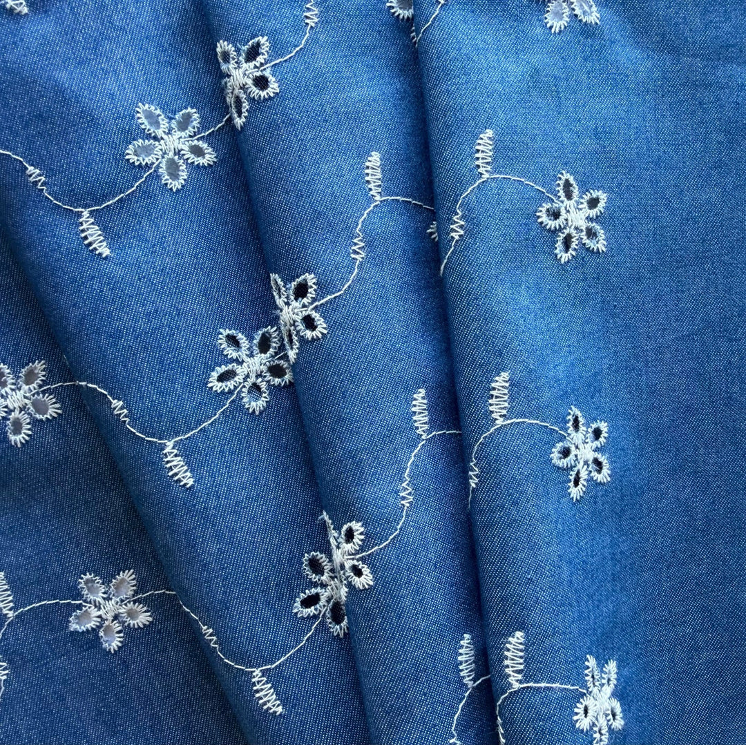 Lighter-Weight All-Over Embroidered Cotton Blend Eyelet Chambray (Made in Italy)