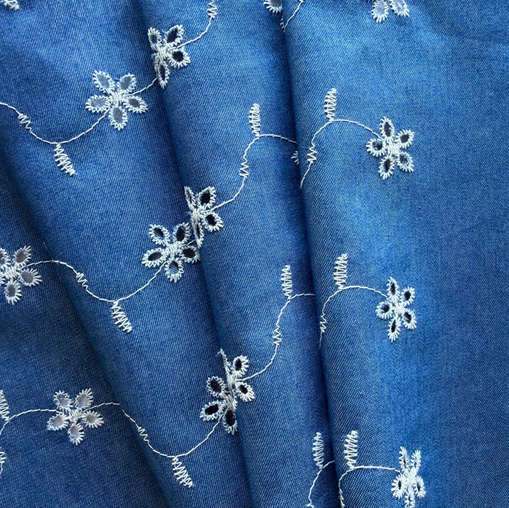 Lighter-Weight All-Over Embroidered Cotton Blend Eyelet Chambray (Made in Italy)