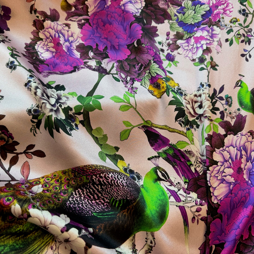 Spectacular Peacocks & Pomagranates Stretch Silk Satin Charmeuse (Made in Italy)