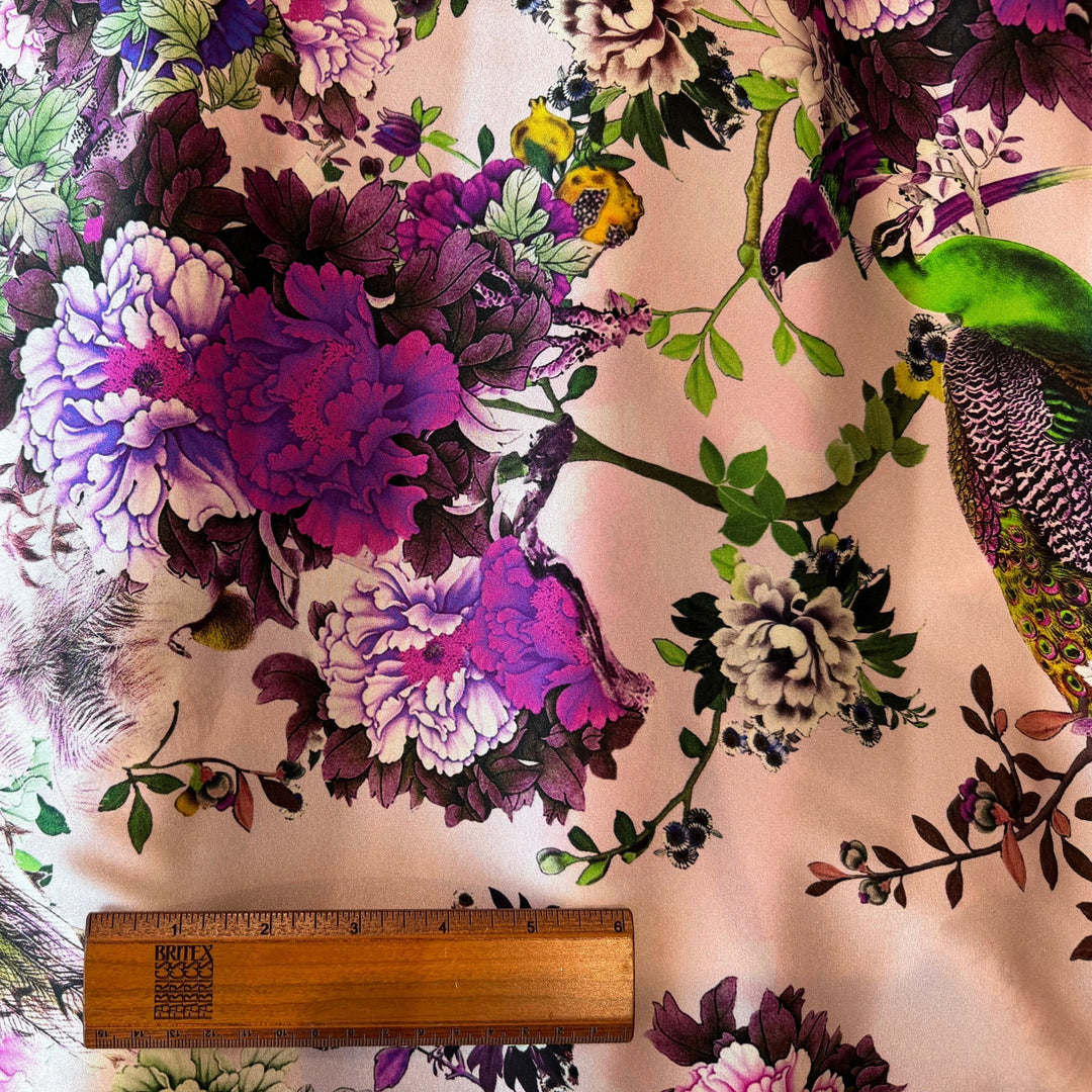 Spectacular Peacocks & Pomagranates Stretch Silk Satin Charmeuse (Made in Italy)