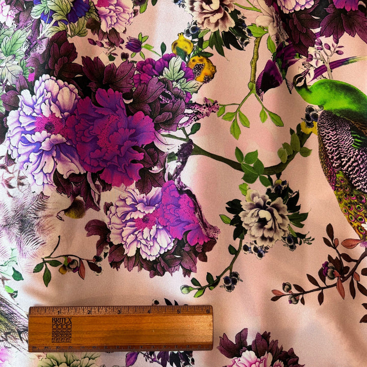 Spectacular Peacocks & Pomagranates Stretch Silk Satin Charmeuse (Made in Italy)