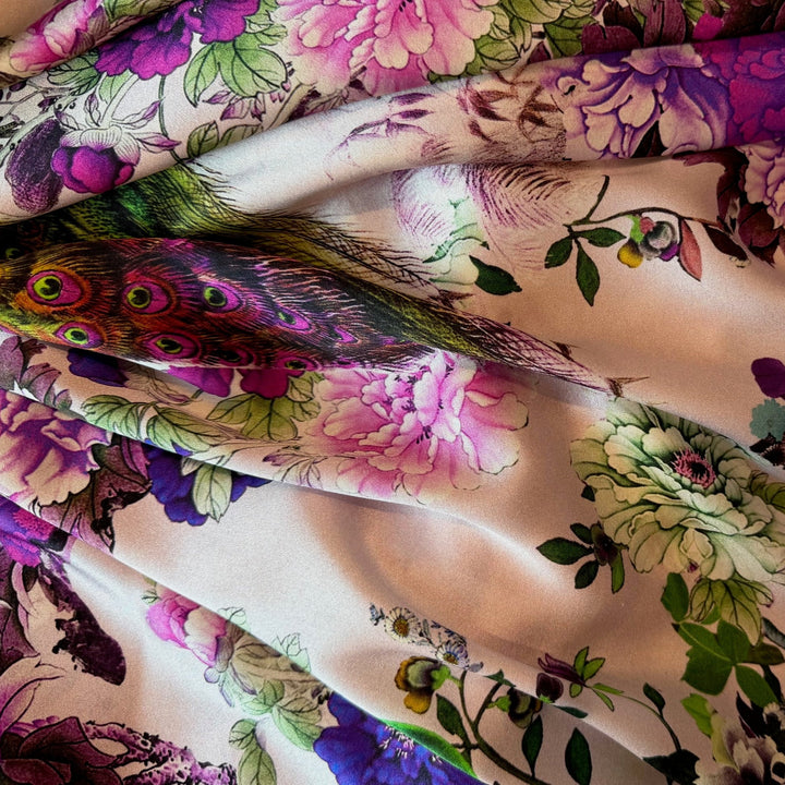 Spectacular Peacocks & Pomagranates Stretch Silk Satin Charmeuse (Made in Italy)