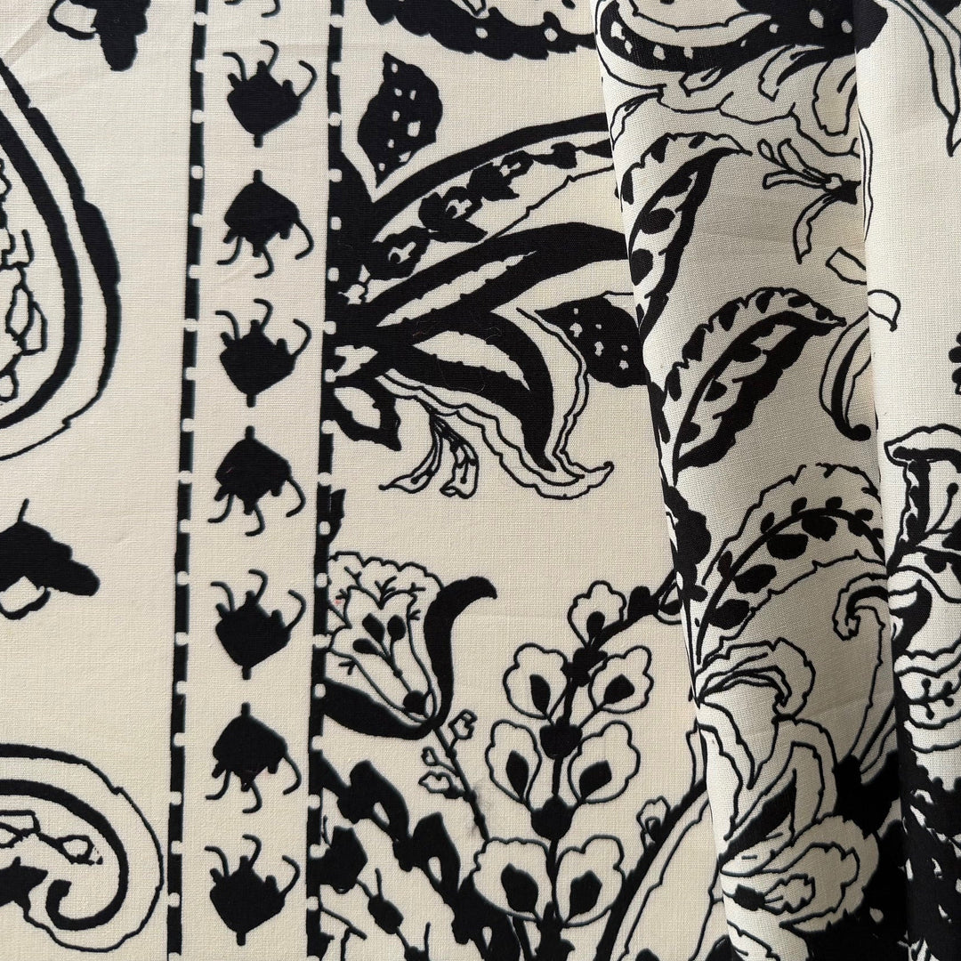 Border Print - Black & Cream Paisley Crisp Cotton Poplin (Made in Italy)