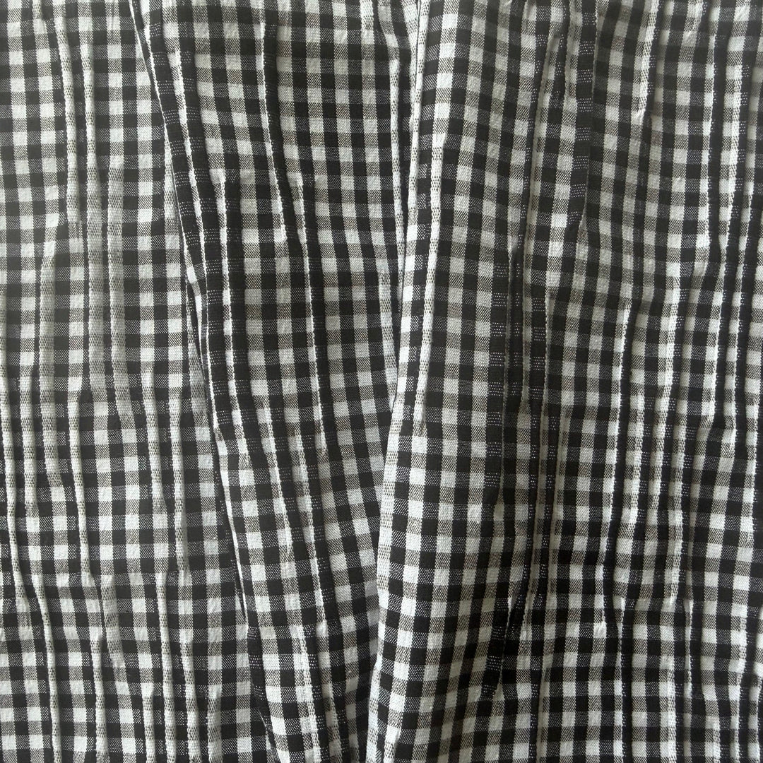 Lighter-Weight Irregularly Pleated Black & White Gingham Stretch Cotton (Made in Italy)