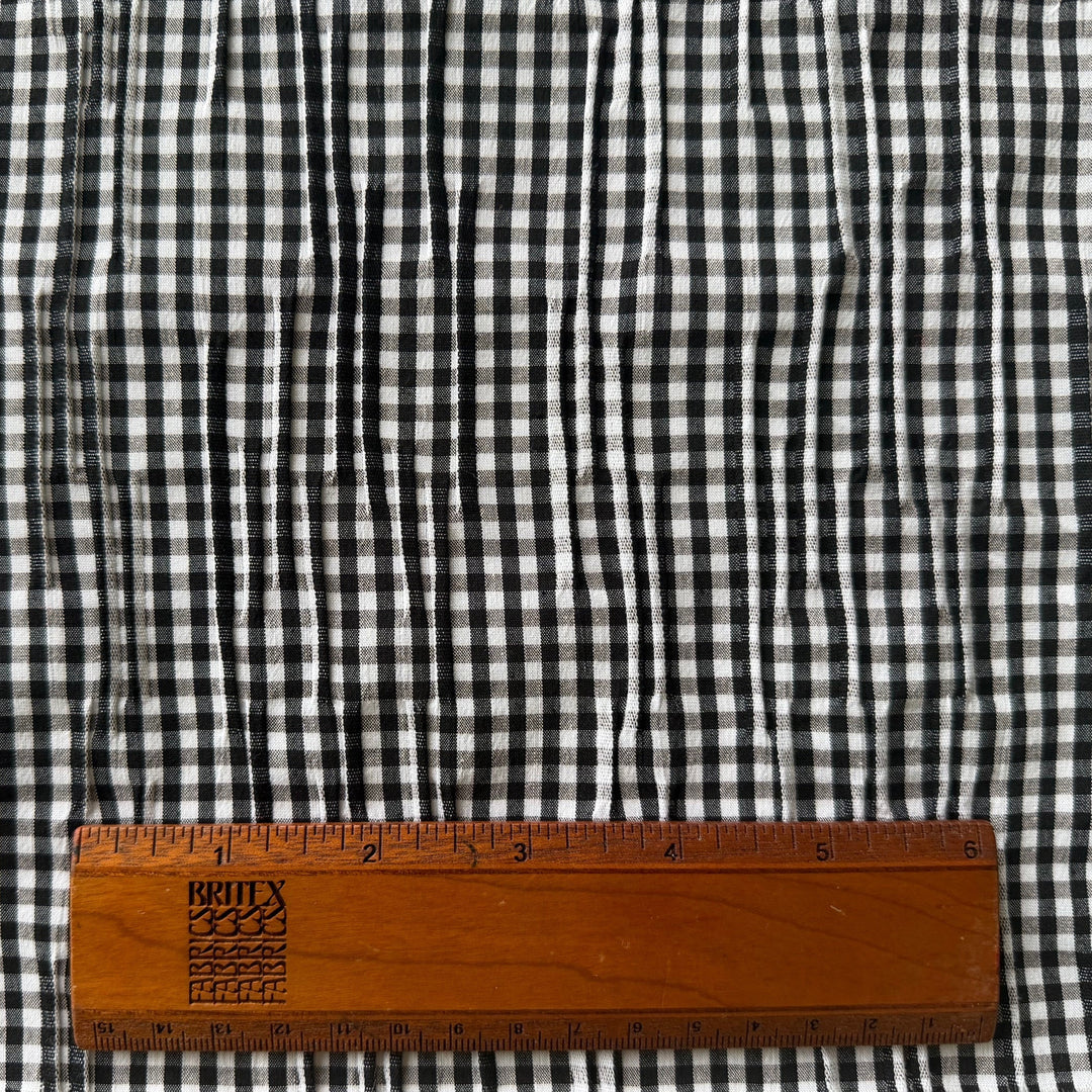 Lighter-Weight Irregularly Pleated Black & White Gingham Stretch Cotton (Made in Italy)