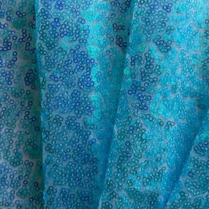 Iridescent Aquamarine Sequins on Airy White Nylon Mesh (Made in Korea)