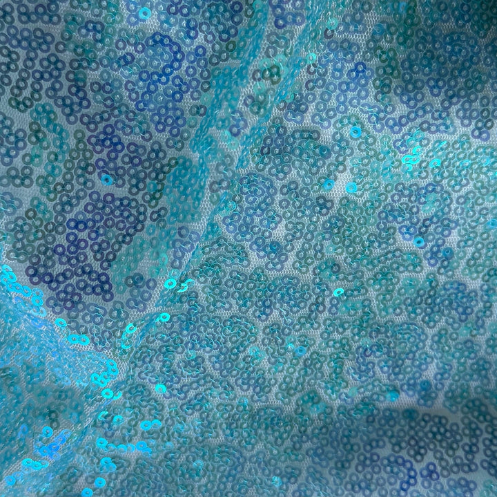 Iridescent Aquamarine Sequins on Airy White Nylon Mesh (Made in Korea)