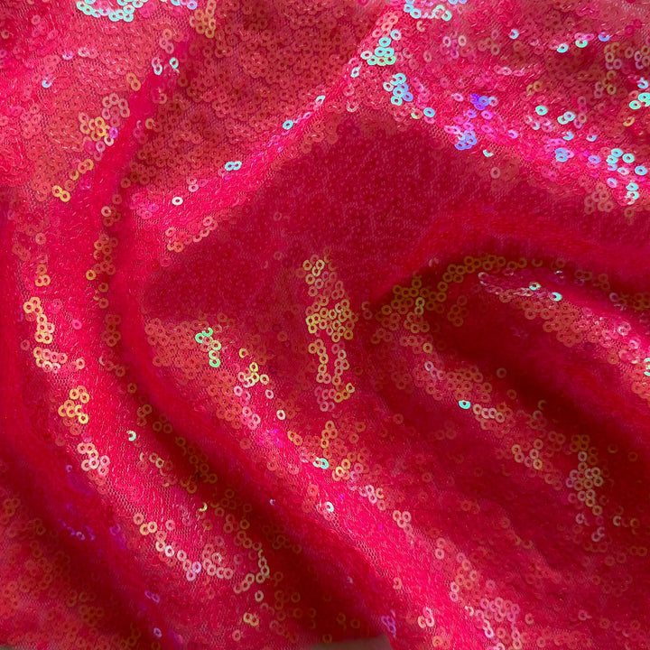 Iridescent Neon Coral Pink Mini-Sequins on Airy Nylon Mesh (Made in Korea)