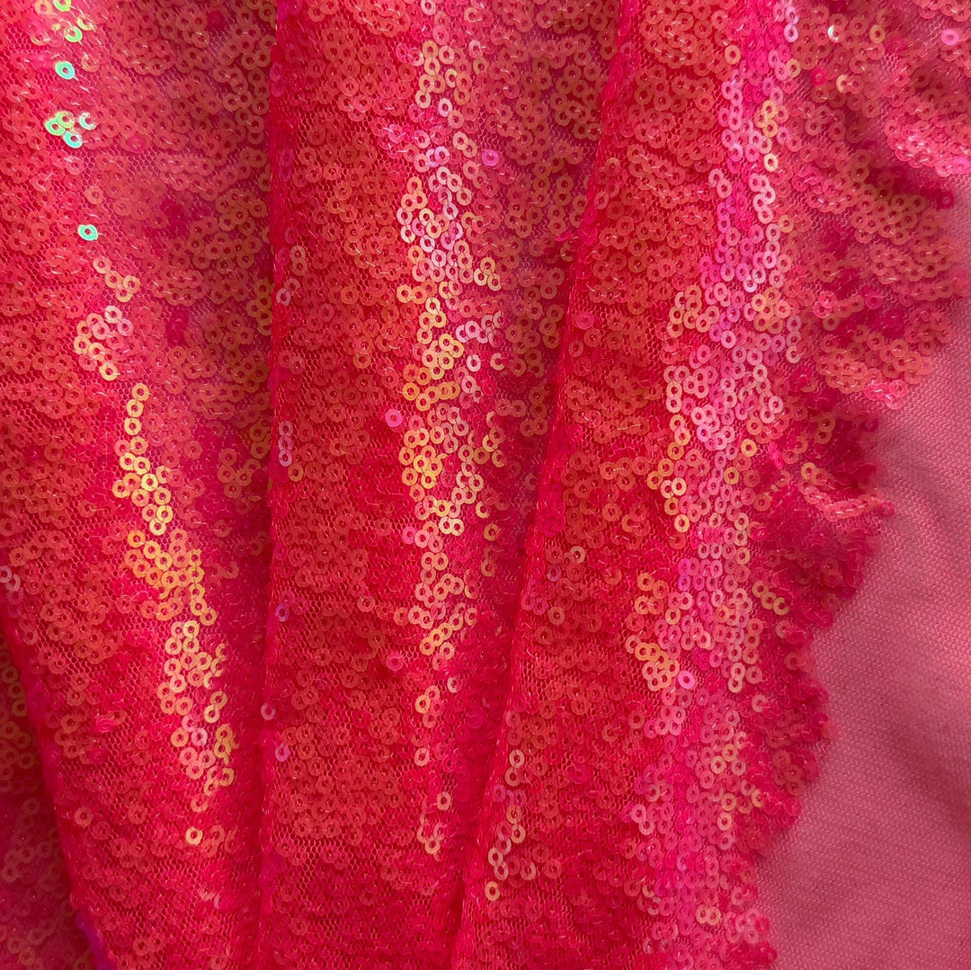 Iridescent Neon Coral Pink Mini-Sequins on Airy Nylon Mesh (Made in Korea)