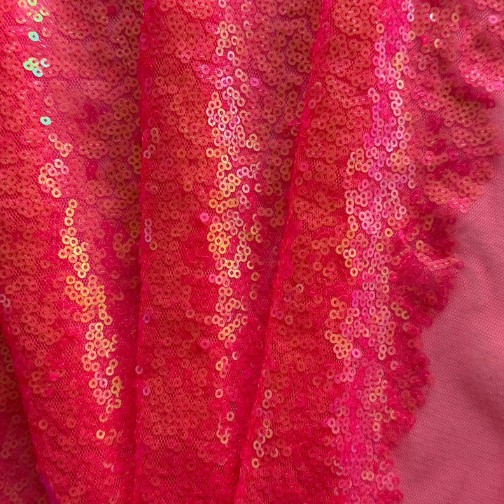 Iridescent Neon Coral Pink Mini-Sequins on Airy Nylon Mesh (Made in Korea)