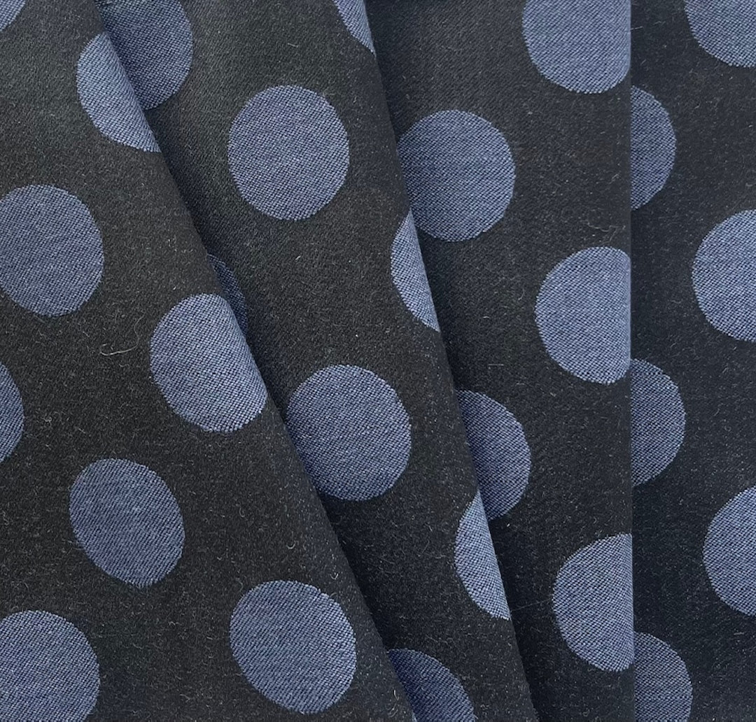 Mid-Weight Coin-Sized Denim Dots on Black Stretch Cotton Blend Twill