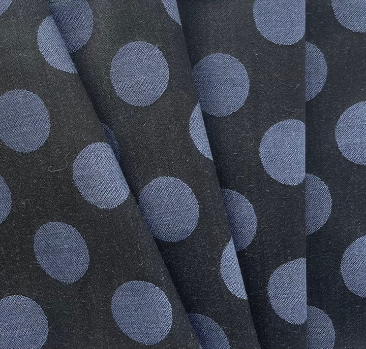 Mid-Weight Coin-Sized Denim Dots on Black Stretch Cotton Blend Twill