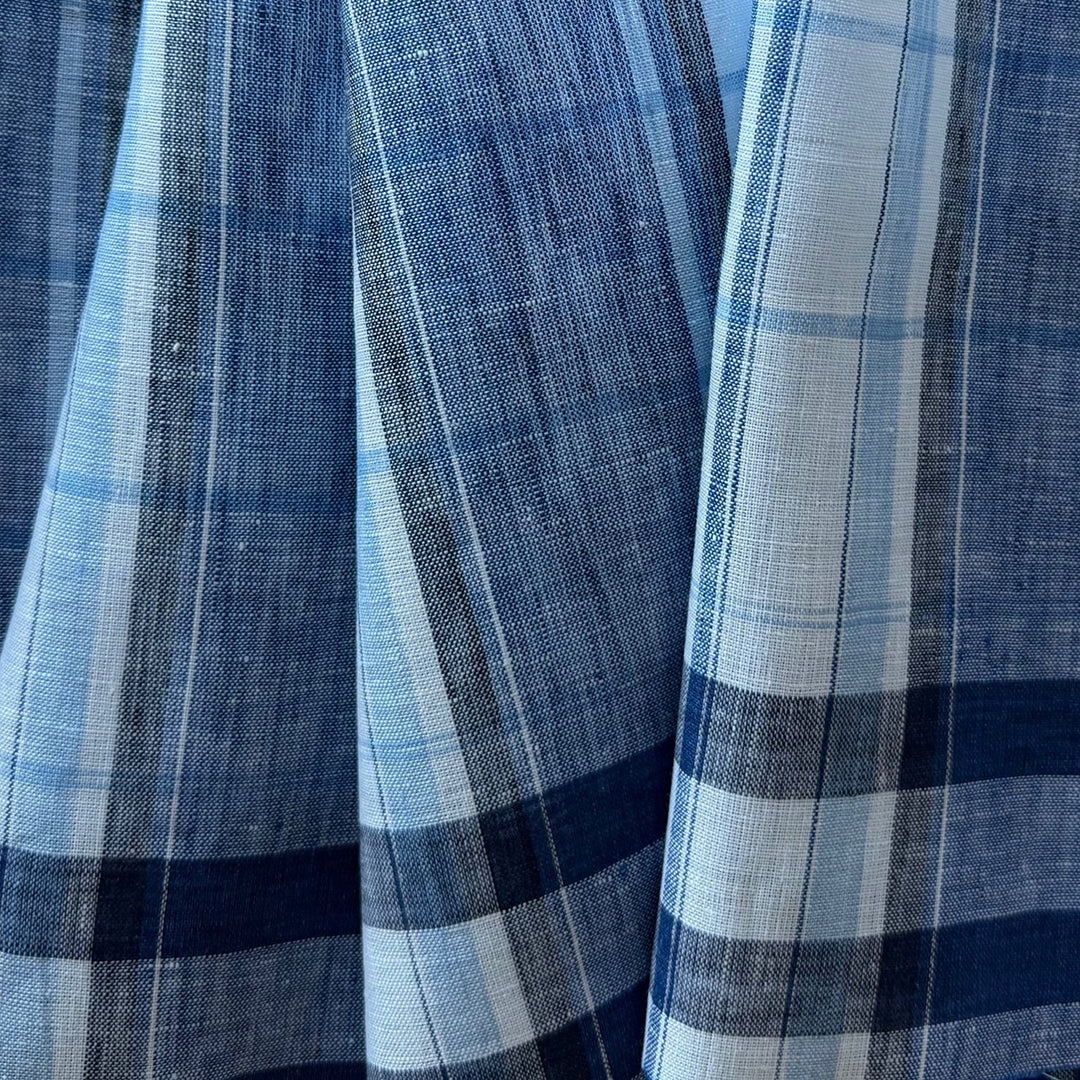 Designer Light-Weight Blue Madras-Style Plaid Linen (Made in Italy)