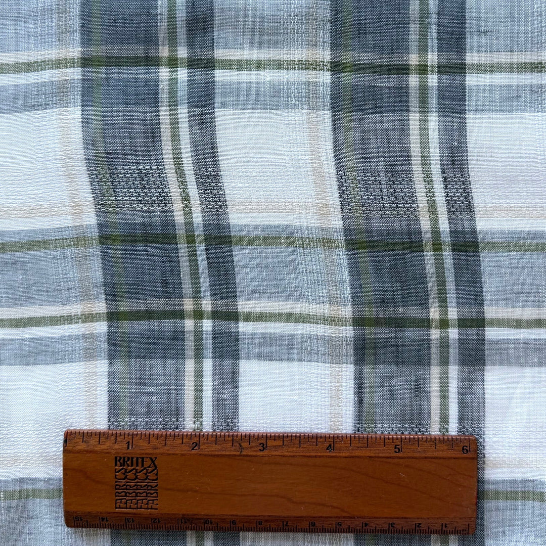 Designer Mid-Weight Madras-Style Slate Gray Plaid Linen Jacquard (Made in Italy)