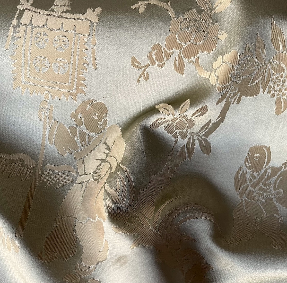 Asian Toile Sea Glass Mist Silk Satin Brocade Jacquard – Britex