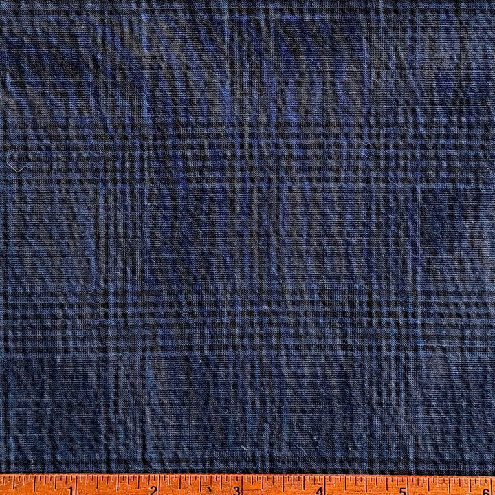 Lighter-Weight Navy & Black Plaid Stretch Cotton Seersucker (Made in Italy)