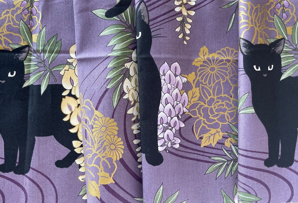 Black Cats with Hyacinths on Amethyst Cotton Sateen (Made in Japan)